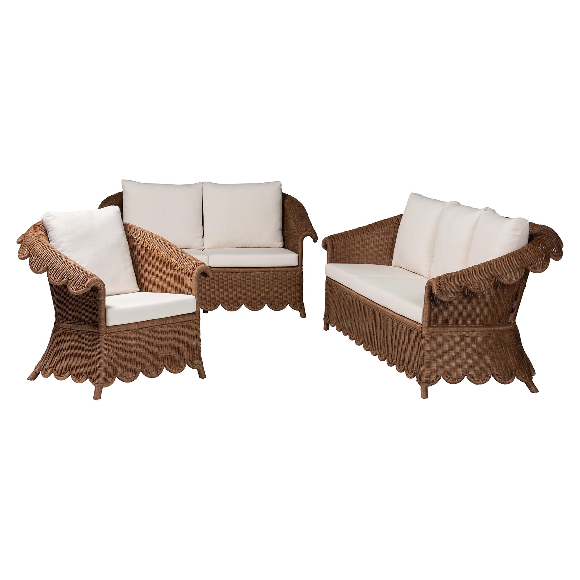 bali & pari Detta Natural Rattan 3-Piece Living Room Set - Handwoven Wicker Lounge Seating with Scalloped Skirt Base and Rolled Arms, Boho Coastal Style for Sunroom or Living Room Affordable modern furniture in Chicago, classic living room furniture, modern sofa sets, cheap sofa sets